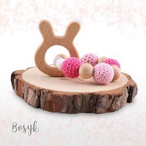 NEW - Flower Wood / Crochet Teether - Teether Pacifier Clips